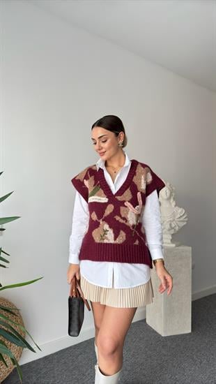 Bordo Nakışlı Karışık Desen Süveter Gömlek İkili Takım