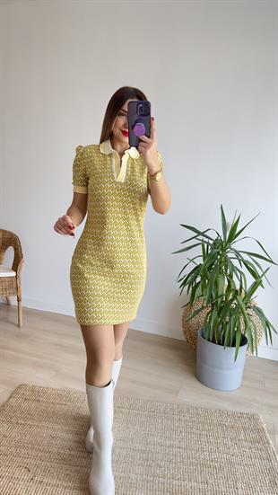 Polo Yaka Desenli Sarı Elbise