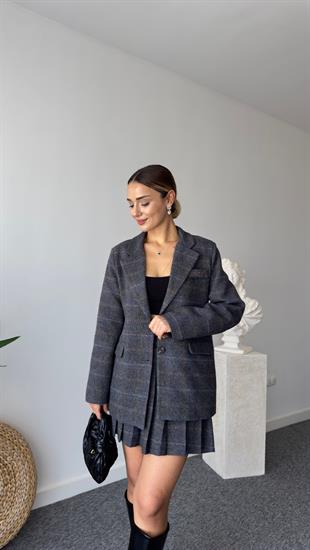 Ekoseli Sırt Düğme Detay Kaşe Blazer