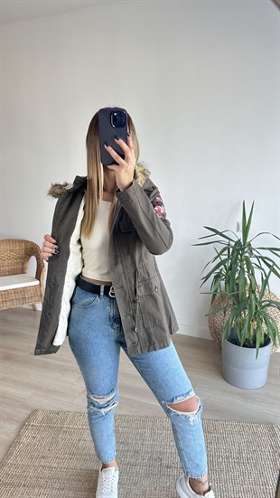 Nakış İşleme Detaylı Haki Mont