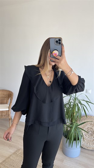V Yaka Siyah Şifon Bluz 