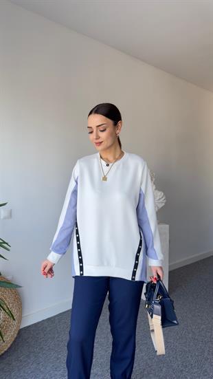 Sırt Poplin Detay Düğmeli Beyaz Modal Sweat