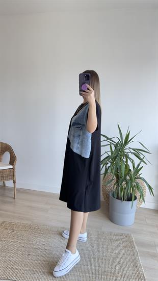 Kot Detaylı Siyah Basic Elbise 