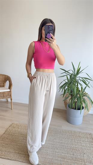 Beli Lastikli Bol Paça Bej Pantolon