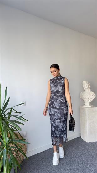 Yan Yazılı Batik Desen Sandy Elbise
