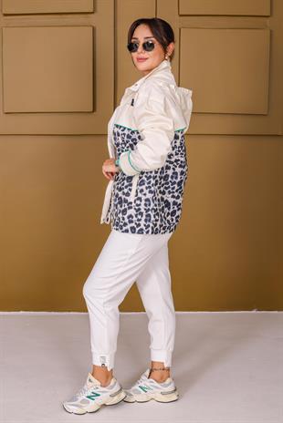 Beyaz Tws Model Leopar Desenli Kapüşonlu Ceket 
