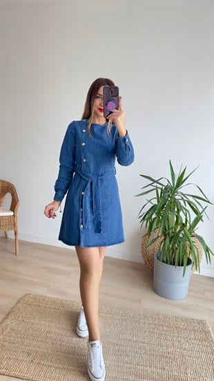 Düğmeli Mavi Denim Elbise