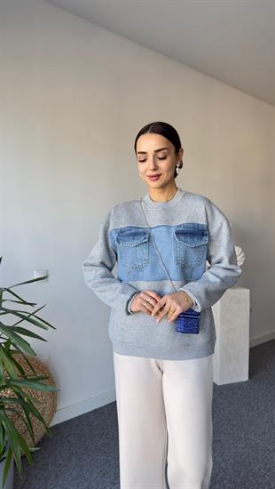 Kais Kot Garnili Taşlı Gri Sweatshirt