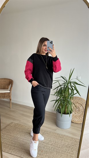  Kolları Pembe Kapitone Tasarım Sweat