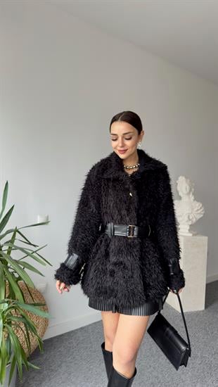 Premıum Deri Detaylı Siyah Peluş Mont 