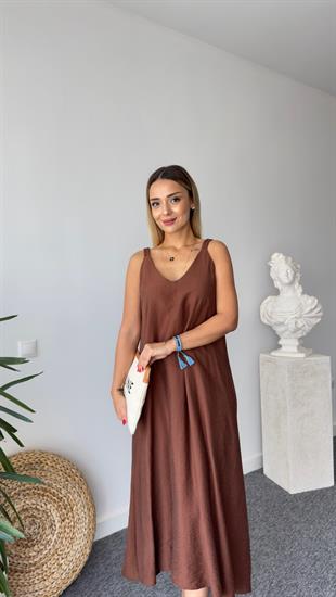 Askıları Lastikli Kahve Elbise 