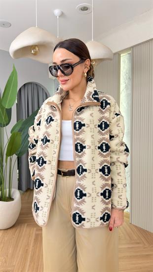 Mojno Bej Siyah Renk Geçişli Oversize Fermuarlı Peluş Sweat