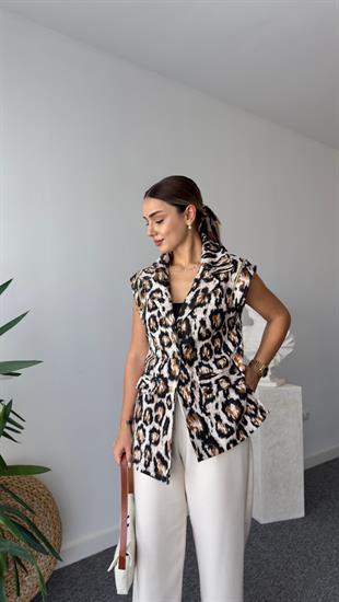 Asimetrik Fermuar Detay Leopar Yelek