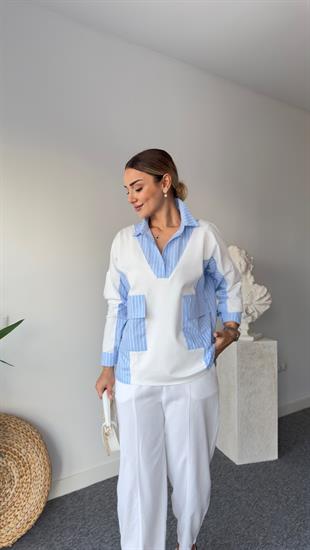 Glou Poplin Detay Sırt Düğmeli Beyaz Sweat