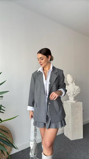 Artu Poplin Detaylı Gri Blazer Ceket