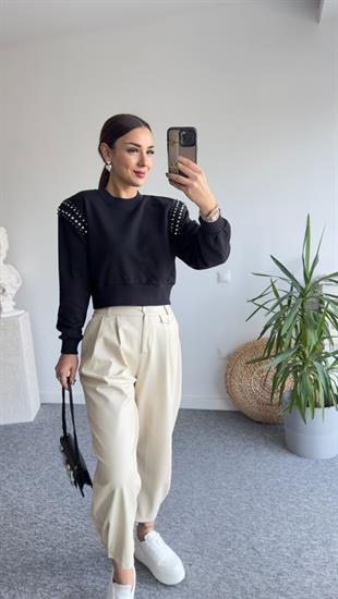 Rime Omuzlar Taşlı Siyah Sweat