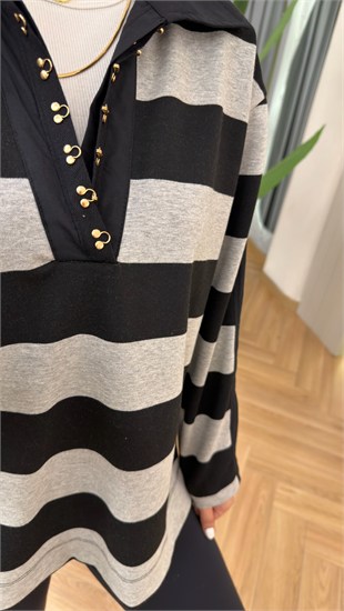 Nelsi Poplin Detaylı Polo Yaka Çizgili Sweatshirt