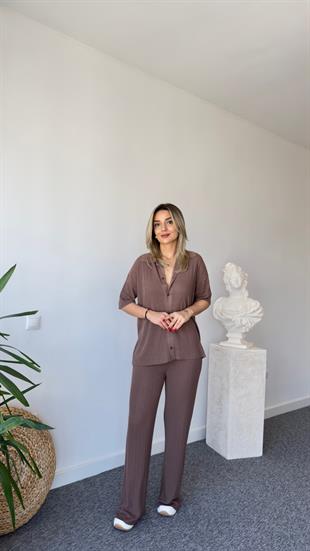 Eres Kısa Kol Fitilli Kahve Triko Takım