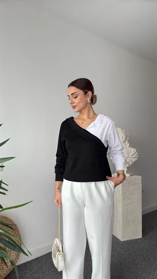 Yaka Yazılı Gömlek Detaylı Siyah Triko