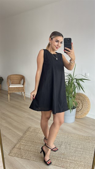 Etnik İşleme Detaylı Siyah Keten Elbise