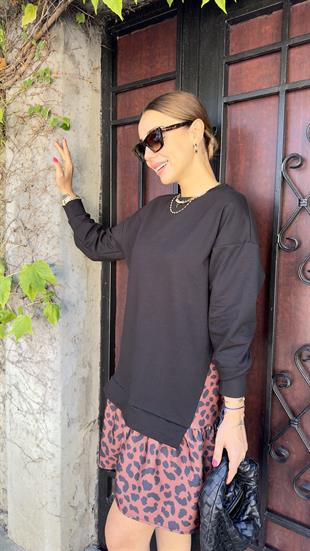 Leopar Detaylı Sweat Elbise