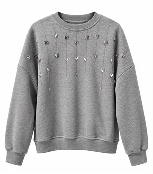 Gri Orj Model Taş Detaylı Sweatshirt