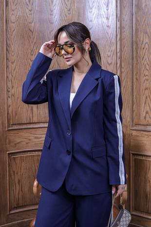 Lacivert Silya Şerit Detaylı Blazer Pantolon Takım