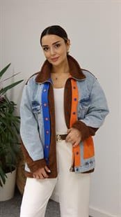 Kahve Denim Mix Turuncu Detay Peluş Mont 