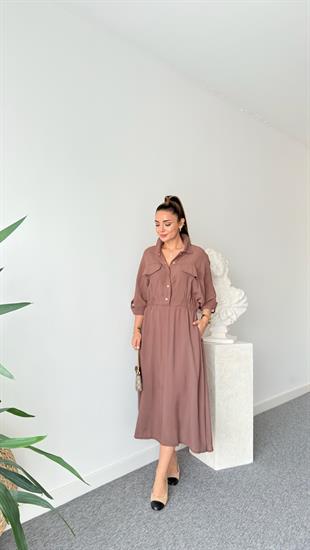 Kahve Çıtçıtlı Zra Model Midi Elbise 