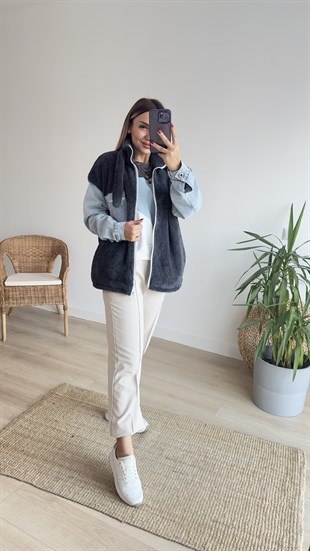 Kolları Kot Detaylı Antrasit Peluş Mont