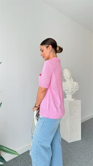 Pembe Kiraz Detaylı Triko Bluz
