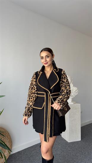 Kollar Leopar Kuşaklı Siyah Kaban