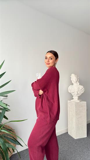 Yırtık Detaylı Yıkamalı Bordo Triko Takım