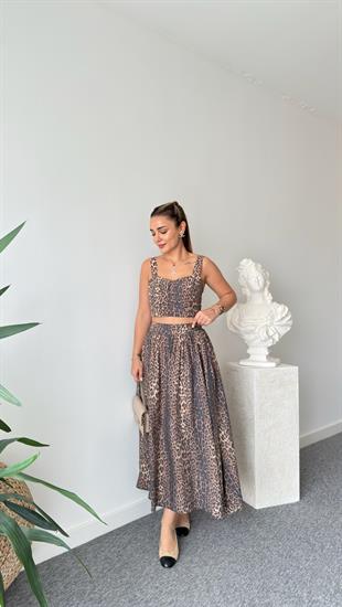 Leopar Desenli Etekli Crop Takım