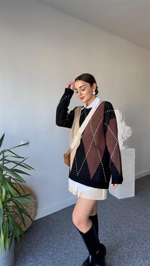 Siyah Kahve Baklava Desen Kazak