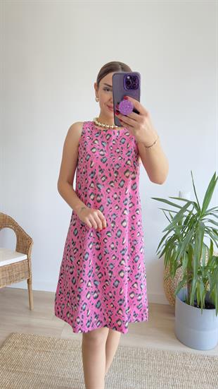 Rovena Leopar Desenli Pembe Elbise 