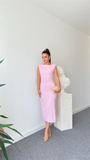 Pembe Floras Yırtmaçlı Keten Elbise 