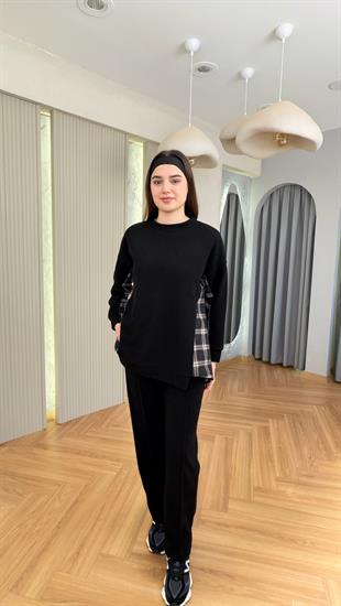Siyah Lapel Ekose Garnili Selanik Takım