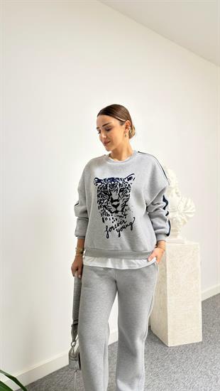 Trier Tshirt Detaylı Şeritli Leopar Sweat