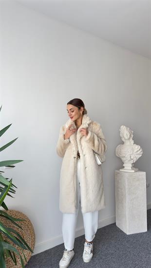 İçi Leopar Astarlı Ekru Peluş Kaban