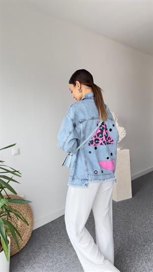 Lera Pembe Leopar Detaylı Tasarım Jean Ceket