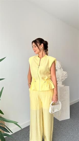 Sarı Rafto Taş Detaylı Yelek Pantolon Takım