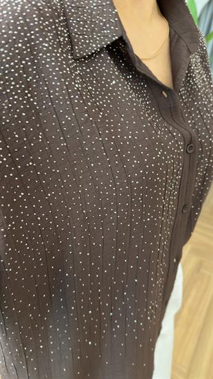 Kahve Minka Parıltılı Taş Detaylı Gömlek