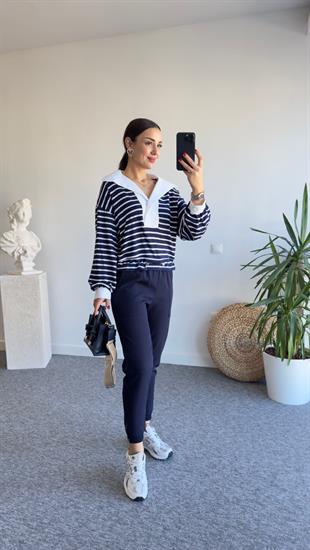 Gömlek Yaka Çizgili Lacivert Sweat