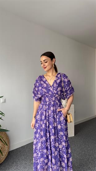 Çiçek Desen Bel Büzgü Lila Maxi Elbise 