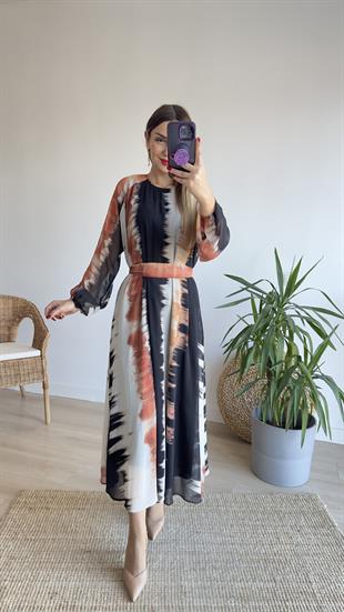 Batik Desen Maxi Şifon Elbise 