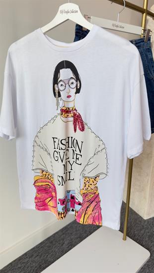 Taşlı Kız Baskılı Salaş Tshirt