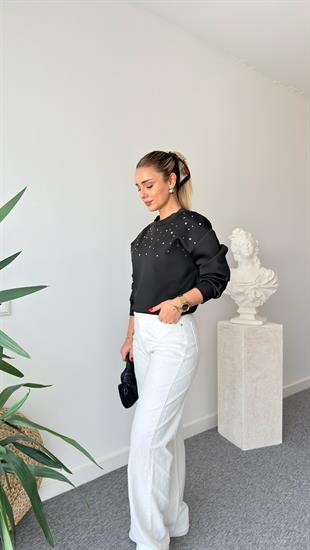 Siyah Ravev Aksesuarlı Scuba Sweat