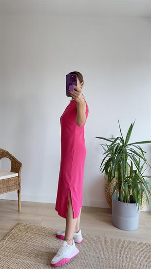 Yırtmaçlı Pembe Basic Elbise