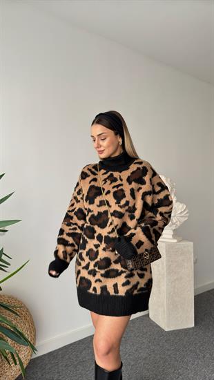 Boğazlı Leopar Desen Tunik Kazak